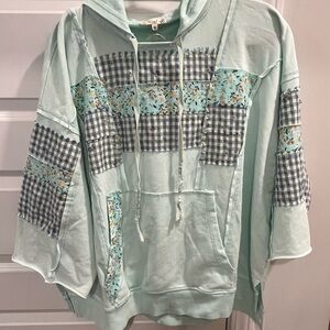 Patchwork Mint Green Hoodie Top with Drawstring Hood
